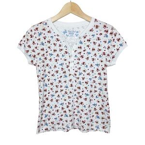 Vintage Y2K Pointelle Floral Lace Detail Henley Tee